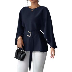 image:imageLALAGEN Womens Blouses Women French Style Round Neck Flutter Sleeve SelfTie Waist Shiny Blouse Christmas TopsNavy Blue