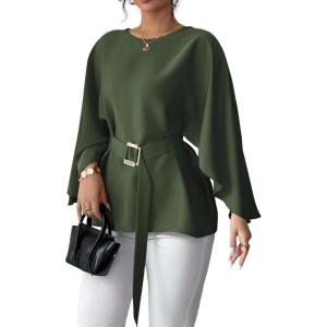 image:imageLALAGEN Womens Blouses Women French Style Round Neck Flutter Sleeve SelfTie Waist Shiny Blouse Christmas TopsOlive Green