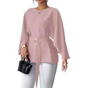 image:imageLALAGEN Womens Blouses Women French Style Round Neck Flutter Sleeve SelfTie Waist Shiny Blouse Christmas TopsPink