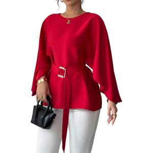 image:imageLALAGEN Womens Blouses Women French Style Round Neck Flutter Sleeve SelfTie Waist Shiny Blouse Christmas TopsRed