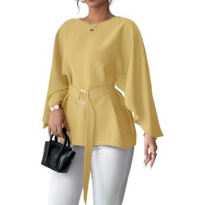 image:imageLALAGEN Womens Blouses Women French Style Round Neck Flutter Sleeve SelfTie Waist Shiny Blouse Christmas TopsYellow