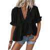 image:imageLALAGEN Womens Blouses Laser Cut Deep VNeck Puff Sleeve Blouse Tops 2026 Summer Boho Dressy Casual Swiss Dot Babydoll ShirtsAblack