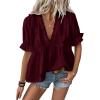 image:imageLALAGEN Womens Blouses Laser Cut Deep VNeck Puff Sleeve Blouse Tops 2026 Summer Boho Dressy Casual Swiss Dot Babydoll ShirtsAred