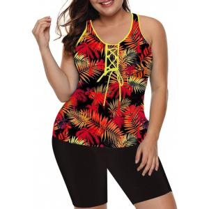 image:imageLALAGEN Womens 2026 Plus Size Tankini Swimsuits Rash Guard Capris Athletic Two Piece Swimwear Bathing Suits for Women S5XZblack and Red