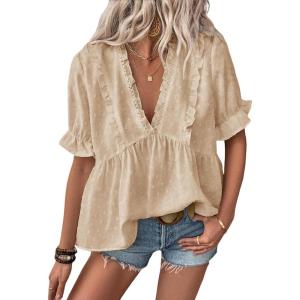 image:imageLALAGEN Womens Blouses Laser Cut Deep VNeck Puff Sleeve Blouse Tops 2026 Summer Boho Dressy Casual Swiss Dot Babydoll ShirtsAapricot