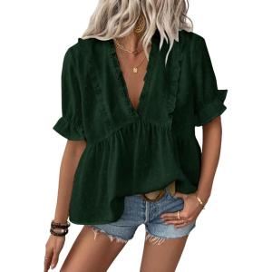 image:imageLALAGEN Womens Blouses Laser Cut Deep VNeck Puff Sleeve Blouse Tops 2026 Summer Boho Dressy Casual Swiss Dot Babydoll ShirtsAarmy Green