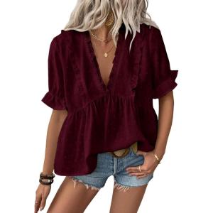 image:imageLALAGEN Womens Blouses Laser Cut Deep VNeck Puff Sleeve Blouse Tops 2026 Summer Boho Dressy Casual Swiss Dot Babydoll ShirtsAred