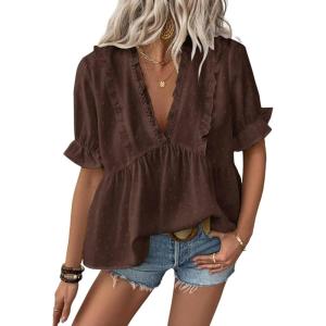 image:imageLALAGEN Womens Blouses Laser Cut Deep VNeck Puff Sleeve Blouse Tops 2026 Summer Boho Dressy Casual Swiss Dot Babydoll ShirtsCoffee Brown