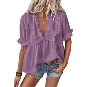 image:imageLALAGEN Womens Blouses Laser Cut Deep VNeck Puff Sleeve Blouse Tops 2026 Summer Boho Dressy Casual Swiss Dot Babydoll ShirtsZlavender