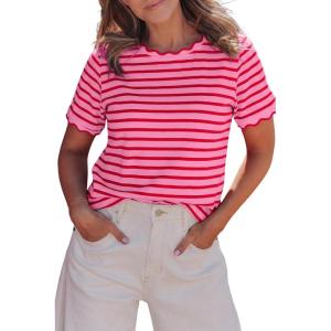 image:imageLALAGEN Womens Summer Tops Red Stripe Scalloped Trim Round Neck T ShirtApink Stripe