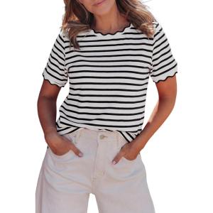 image:imageLALAGEN Womens Summer Tops Red Stripe Scalloped Trim Round Neck T ShirtBlack Stripe