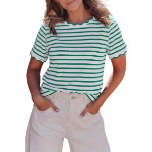 image:imageLALAGEN Womens Summer Tops Red Stripe Scalloped Trim Round Neck T ShirtGreen Stripe