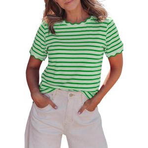 image:imageLALAGEN Womens Summer Tops Red Stripe Scalloped Trim Round Neck T ShirtGreen Stripe1