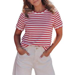 image:imageLALAGEN Womens Summer Tops Red Stripe Scalloped Trim Round Neck T ShirtRed Stripe
