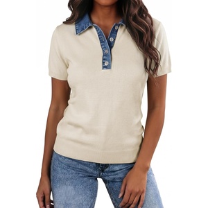 image:imageLALAGEN Womens Tops Short Sleeve Knit Denim Patchwork Polo Collar Sweater T ShirtAjet Stream
