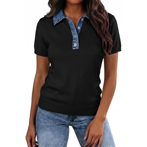 image:imageLALAGEN Womens Tops Short Sleeve Knit Denim Patchwork Polo Collar Sweater T ShirtBlack