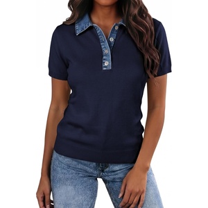 image:imageLALAGEN Womens Tops Short Sleeve Knit Denim Patchwork Polo Collar Sweater T ShirtNavy