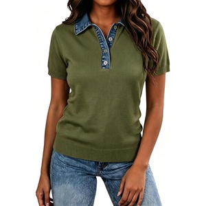 image:imageLALAGEN Womens Tops Short Sleeve Knit Denim Patchwork Polo Collar Sweater T ShirtZarmy Green