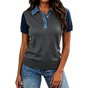 image:imageLALAGEN Womens Tops Short Sleeve Knit Denim Patchwork Polo Collar Sweater T ShirtZdark Grey