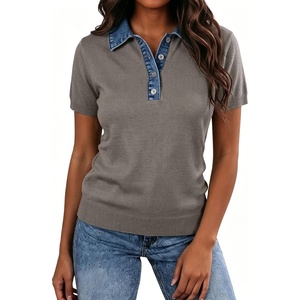 image:imageLALAGEN Womens Tops Short Sleeve Knit Denim Patchwork Polo Collar Sweater T ShirtZtaupe Gray