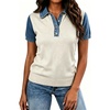 image:imageLALAGEN Womens Tops Short Sleeve Knit Denim Patchwork Polo Collar Sweater T ShirtZoatmeal