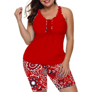 image:imageLALAGEN Womens 2026 Plus Size Tankini Swimsuits Rash Guard Capris Athletic Two Piece Swimwear Bathing Suits for Women S5XZred Floral Print