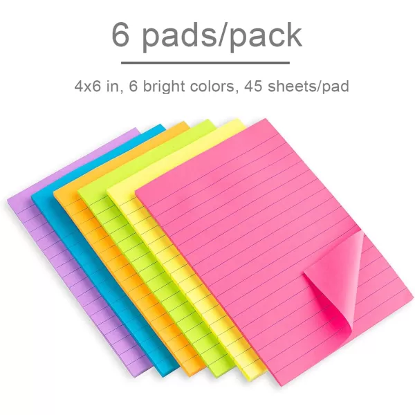 Lined Sticky Notes 4X6 in Bright Ruled Post Stickies Colorful Super Sticking Power Memo Pads 45 Sheetspad 6 PadsPack4x6 in