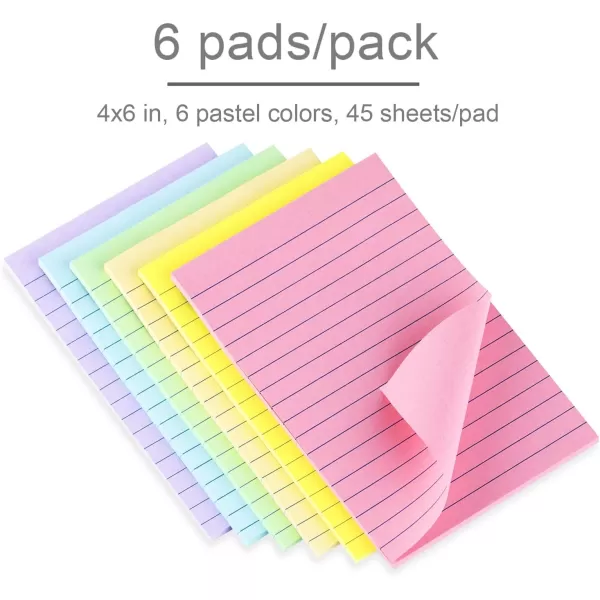 Lined Sticky Notes 4X6 in Pastel Ruled Post Stickies Colorful Super Sticking Memo Pads 45 Sheetspad 6 PadsPack3