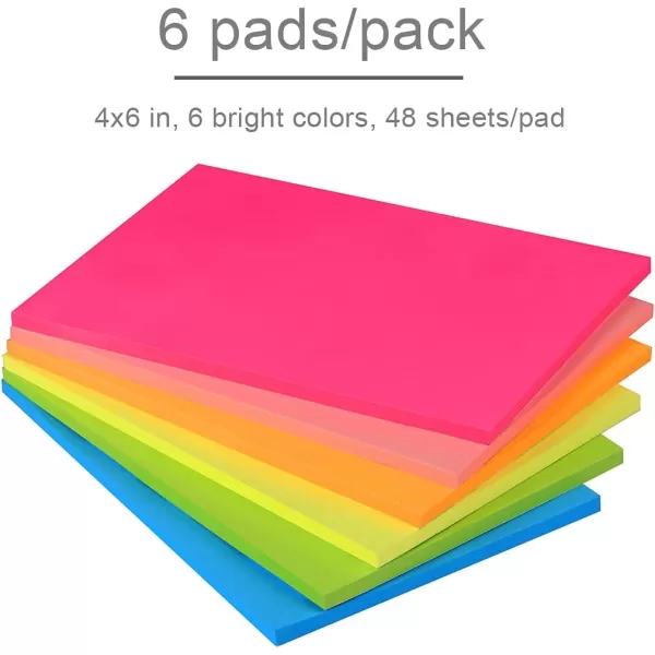 Vanpad Sticky Notes 4X6 in Pastel Post Stickies Super Sticking Power Memo Pads Strong Adhesive 6 PadsPack 45 Sheetspad4x6 Bright