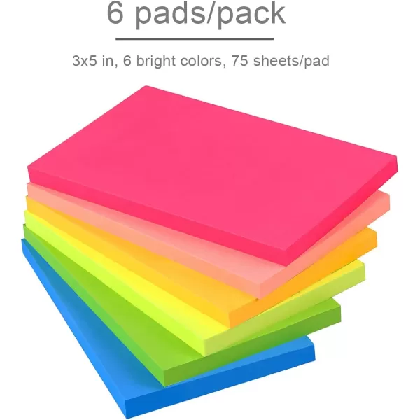 Vanpad Sticky Notes 3x5 in Bright Stickies Colorful Super Sticking Power Memo Pads Strong Adhesive 6 PadsPack 75 Sheetspad3x5 Bright