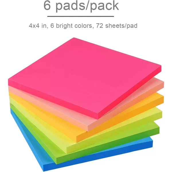 Vanpad Sticky Notes 4x4 in Bright Stickies Colorful Super Sticking Power Memo Pads Strong Adhesive 6 PadsPack 72 Sheetspad4x4 Bright