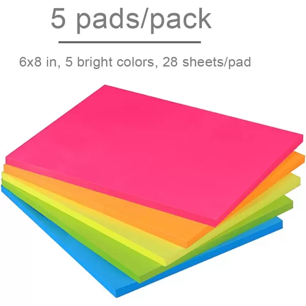 Vanpad Sticky Notes 6x8 in Bright Stickies Colorful Super Sticking Power Memo Pads Strong Adhesive 5 PadsPack 28 Sheetspad6x8 Bright