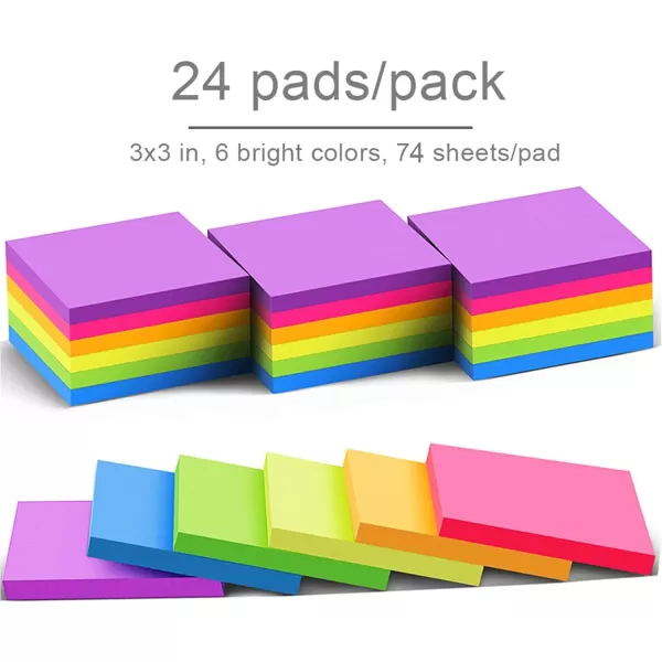 24 Pack Sticky Notes 3x3 in Post Bright Stickies Colorful Super Sticking Power Memo Pads Strong Adhesive 74 Sheetspad24pcs Bright 3x3