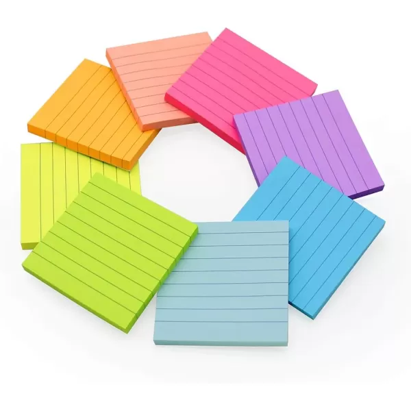 Lined Sticky Notes 3x3 in Bright Ruled Post Stickies Colorful Super Sticking Power Memo Pads 82 Sheetspad 8 PadsPackBright