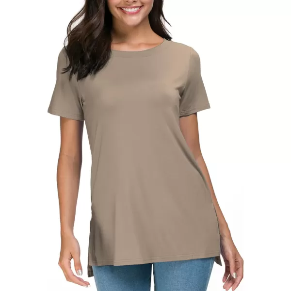 Herou Summer Women Casual Short Sleeve Tops TShirts Tees with Side Split1light Coffee
