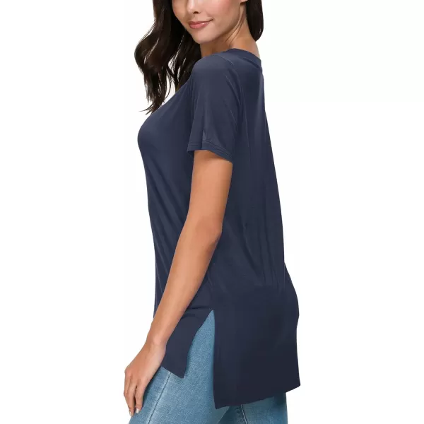 Herou Summer Women Casual Short Sleeve Tops TShirts Tees with Side Split1navy