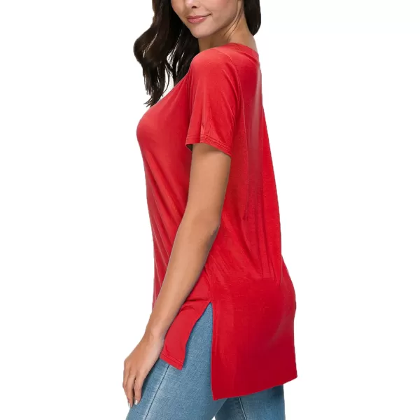 Herou Summer Women Casual Short Sleeve Tops TShirts Tees with Side SplitBright Red