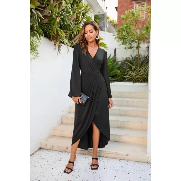 Herou Women Wrap VNeck Long Sleeve Split Hem Midi Sexy Cocktail Party DressBlack
