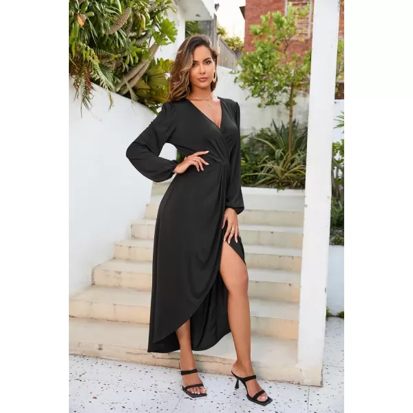 Herou Women Wrap VNeck Long Sleeve Split Hem Midi Sexy Cocktail Party DressBlack