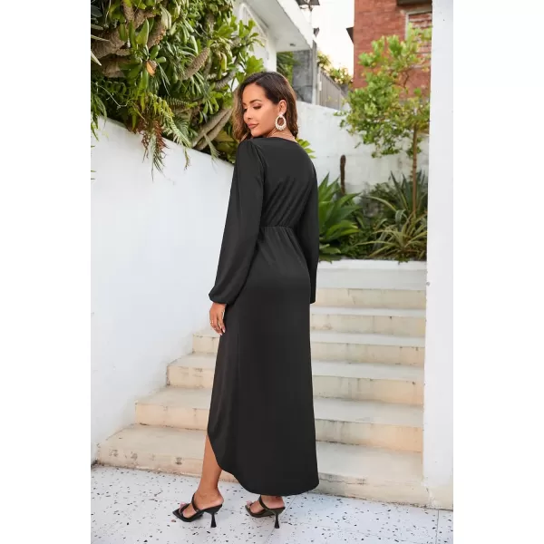 Herou Women Wrap VNeck Long Sleeve Split Hem Midi Sexy Cocktail Party DressBlack