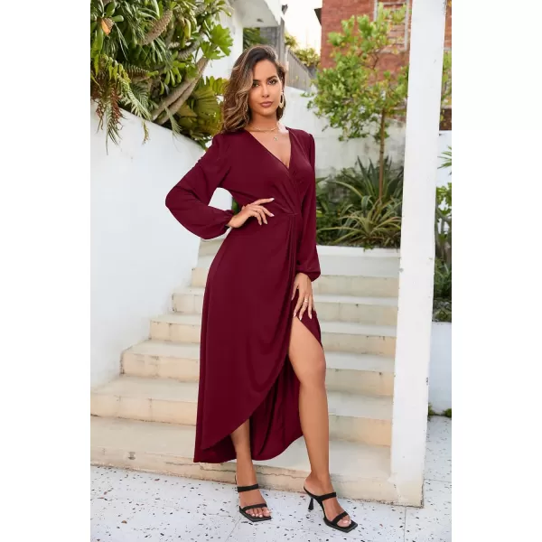 Herou Women Wrap VNeck Long Sleeve Split Hem Midi Sexy Cocktail Party DressRed