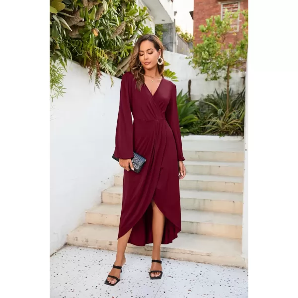Herou Women Wrap VNeck Long Sleeve Split Hem Midi Sexy Cocktail Party DressRed