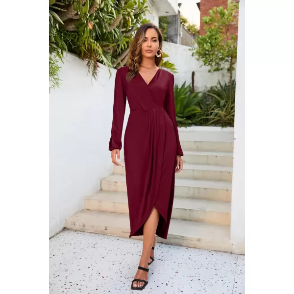 Herou Women Wrap VNeck Long Sleeve Split Hem Midi Sexy Cocktail Party DressRed