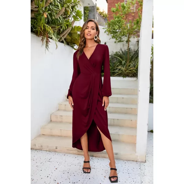 Herou Women Wrap VNeck Long Sleeve Split Hem Midi Sexy Cocktail Party DressRed