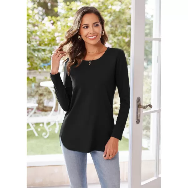 Herou Womens Casual Long Sleeve T Shirt Crewneck with Side Split Fall Pullover Loose Tunic Sweater Tops0black
