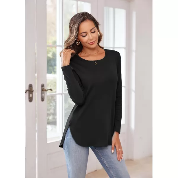 Herou Womens Casual Long Sleeve T Shirt Crewneck with Side Split Fall Pullover Loose Tunic Sweater Tops0black