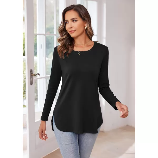 Herou Womens Casual Long Sleeve T Shirt Crewneck with Side Split Fall Pullover Loose Tunic Sweater Tops0black