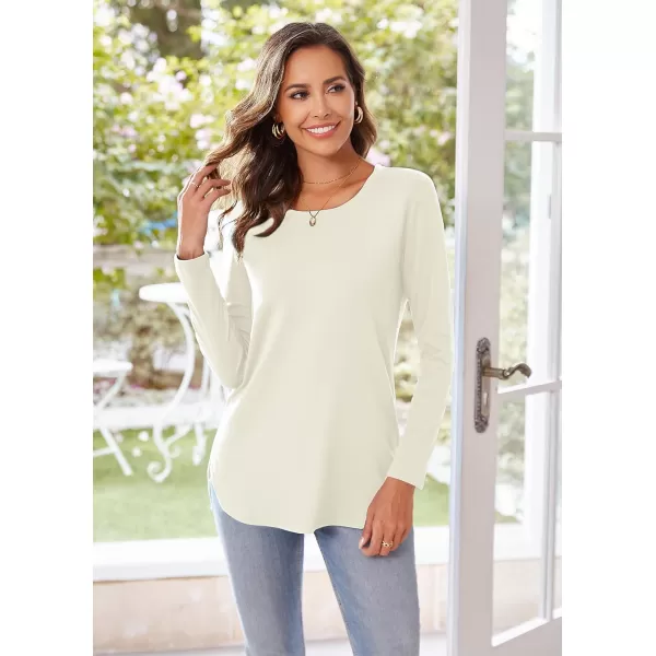Herou Womens Casual Long Sleeve T Shirt Crewneck with Side Split Fall Pullover Loose Tunic Sweater Tops0white