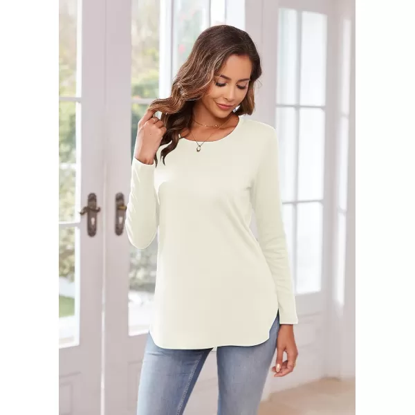 Herou Womens Casual Long Sleeve T Shirt Crewneck with Side Split Fall Pullover Loose Tunic Sweater Tops0white