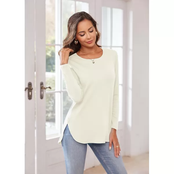 Herou Womens Casual Long Sleeve T Shirt Crewneck with Side Split Fall Pullover Loose Tunic Sweater Tops0white